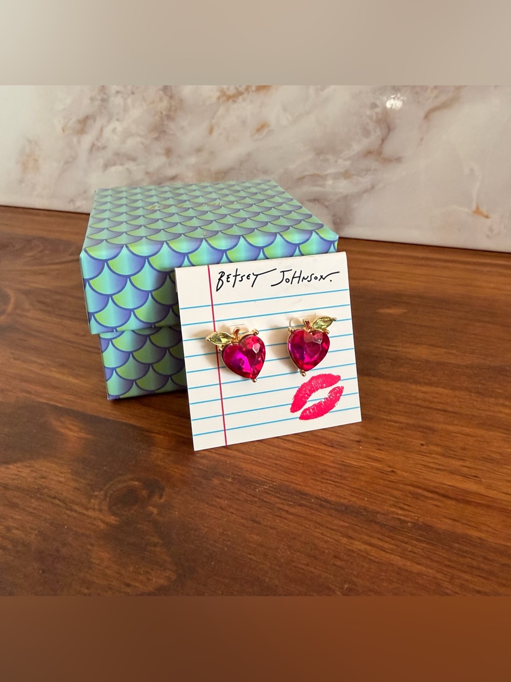 Betsey Johnson Fuchsia Apple Heart Crystal Stud Earrings with Gold Leaves - Picture 2 of 4